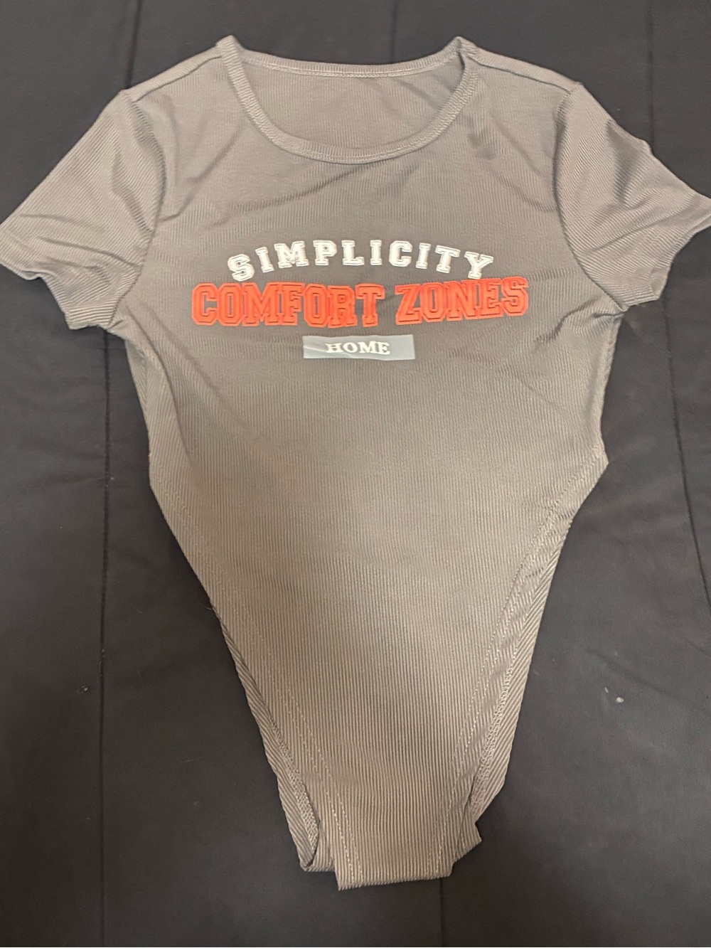 Simplicity Comfort Zones Dark Grey Ribbed Bodysuit with Orange Graphic